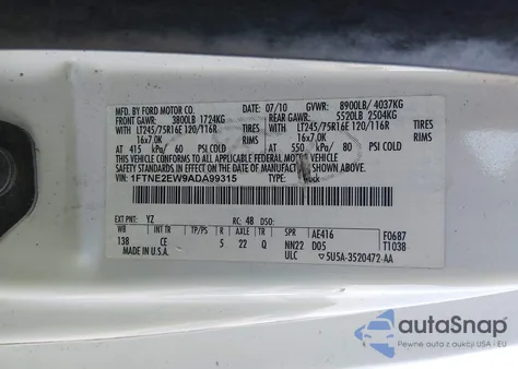 2010 Ford E-250 Commercial/Recreational z USA, uszkodzony, nr VIN 1FTNE2EW9ADA99315